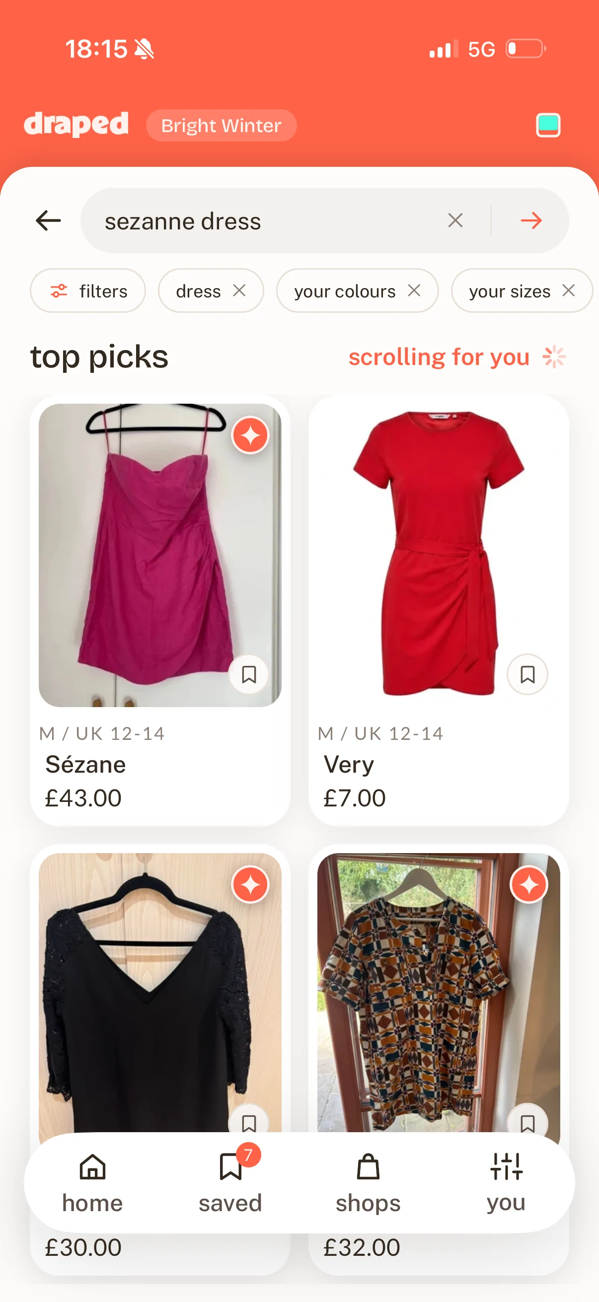 Draped's own top picks screen, filtered to your colours and sizes