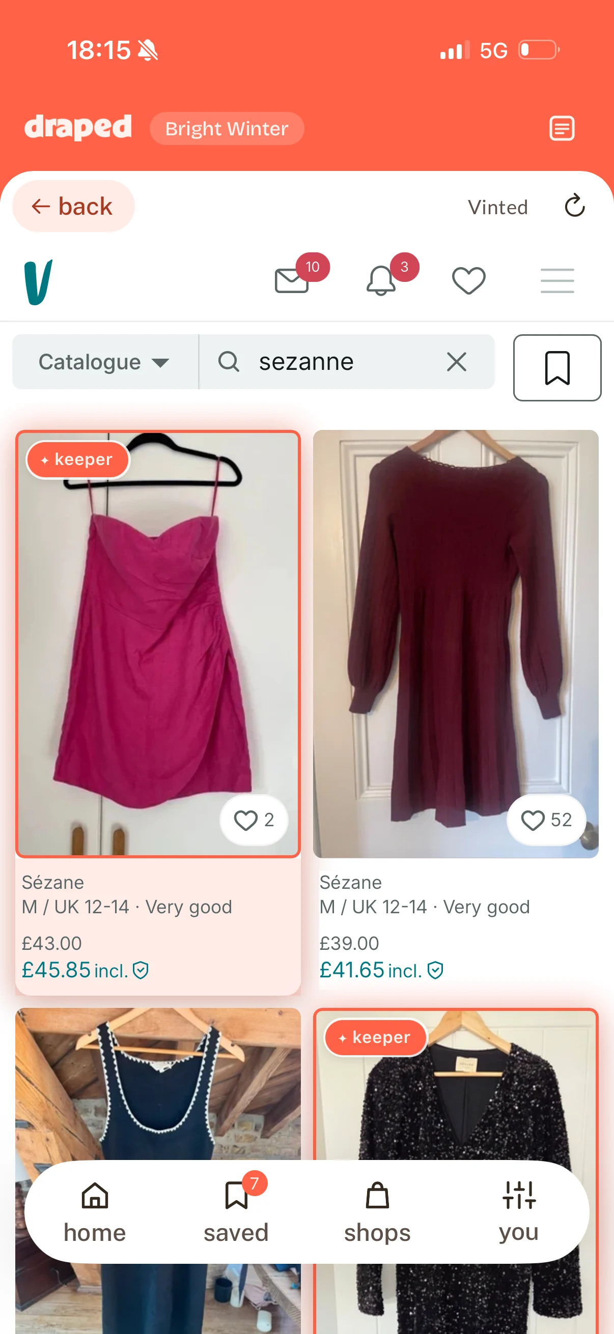 Draped running over a Vinted search, with keeper badges on two dresses