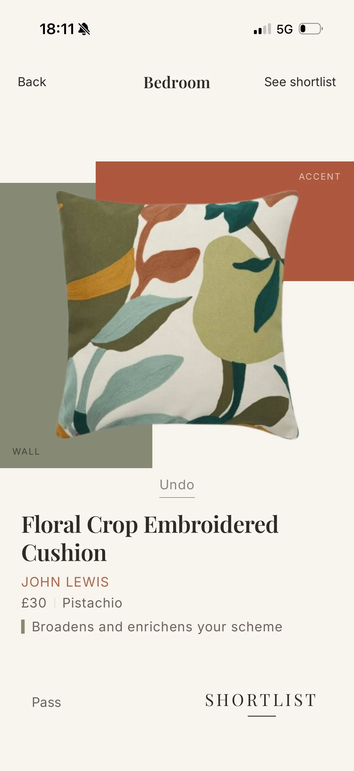 A single cushion shown against the wall and accent colours, with its name, retailer and price